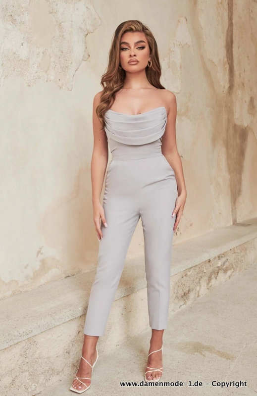 Bleistift Bodycon Jumpsuit Einteiler Lang in Silber Schulterfrei