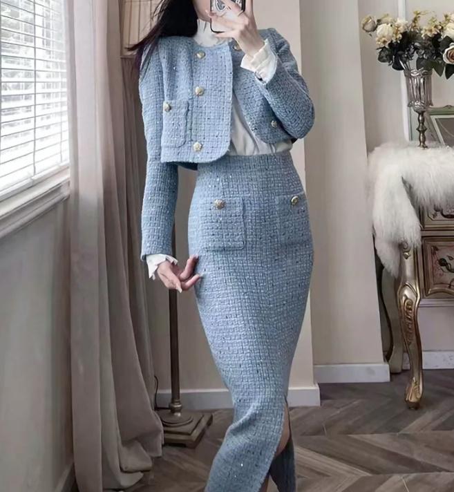 Bleistift Tweed Damen Kostüm Elegant in Hellblau Knöchellang