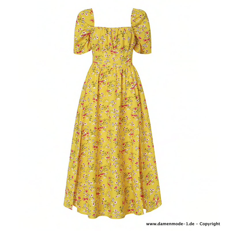 Blumenmuster Maxi Sommerkleid mit Puffärmel in Gelb