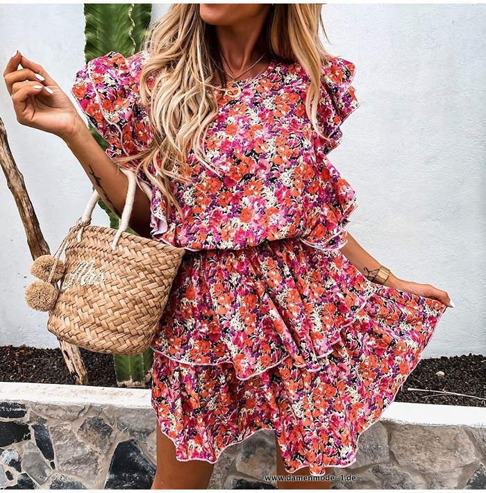 Boho Kleid A-Line Kurzarm Rüschen Mini Kleid