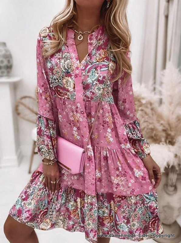 Boho Print Sommer Tunika Kleid Rosa