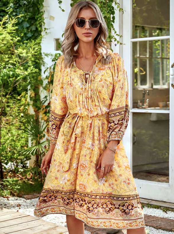 Boho Style Langarm Sommerkleid Bine Knielang Gelb