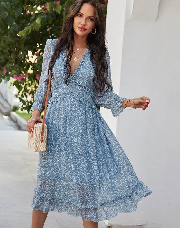 Boho Style Sommerkleid Noelani mit Rüschen Wadenlang in Hellblau