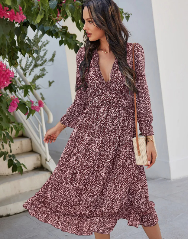 Boho Style Sommerkleid Noelani mit Rüschen Wadenlang in Rot