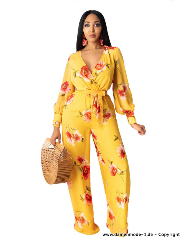 Bohostyle Overall Jumpsuit Einteiler in Gelb mit Blumenmuster