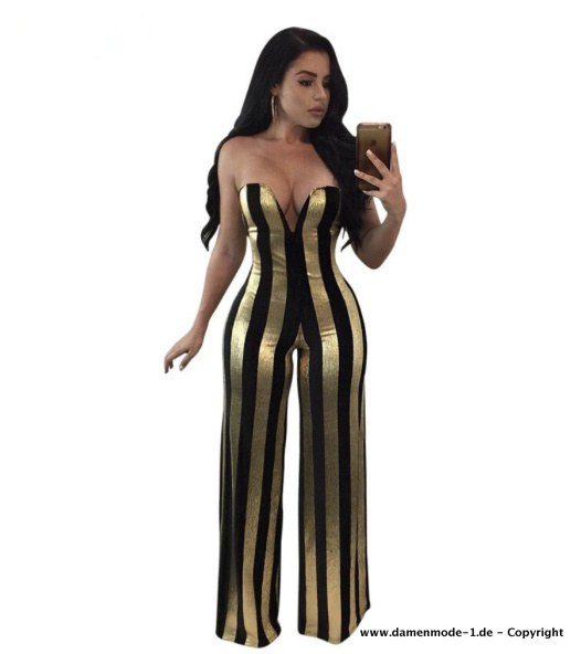 Bustie Glitzer Jumpsuit Einteiler Lang in Schwarz Gold