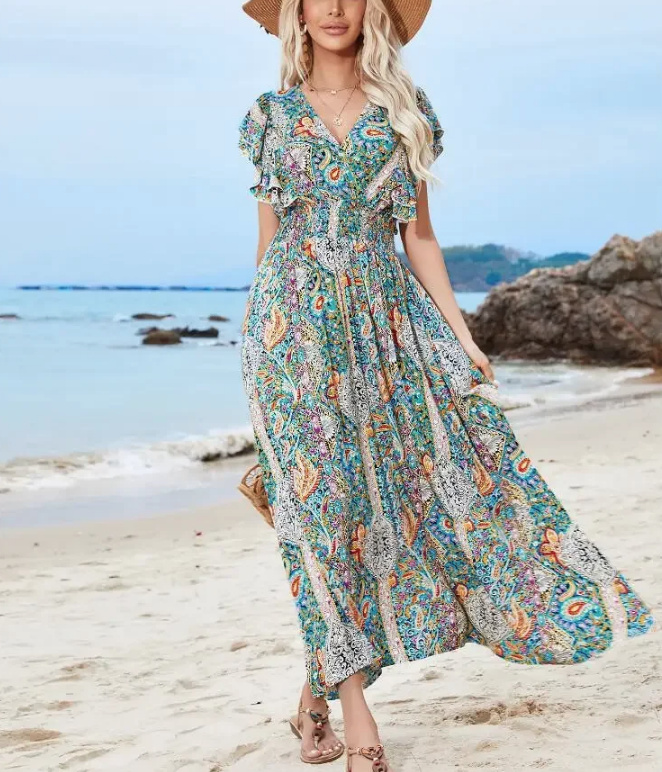 Chiffon Sommerkleid Anni mit Flare Ärmel und V Ausschnitt