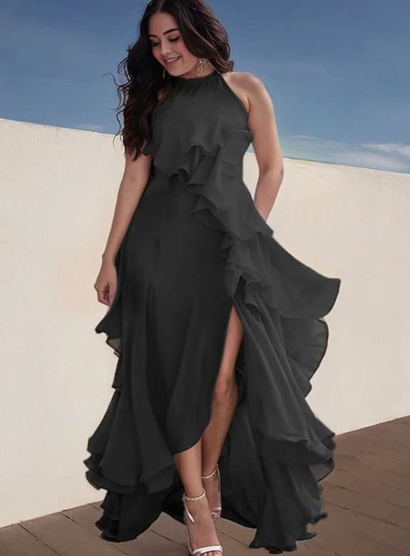 Chiffon Sommerkleid mit Rüschen und Cut Out Schwarz