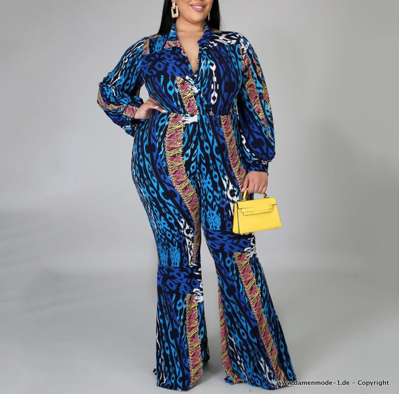 Curvy Jumpsuit Glitzer Einteiler Elegant Lang in Blau