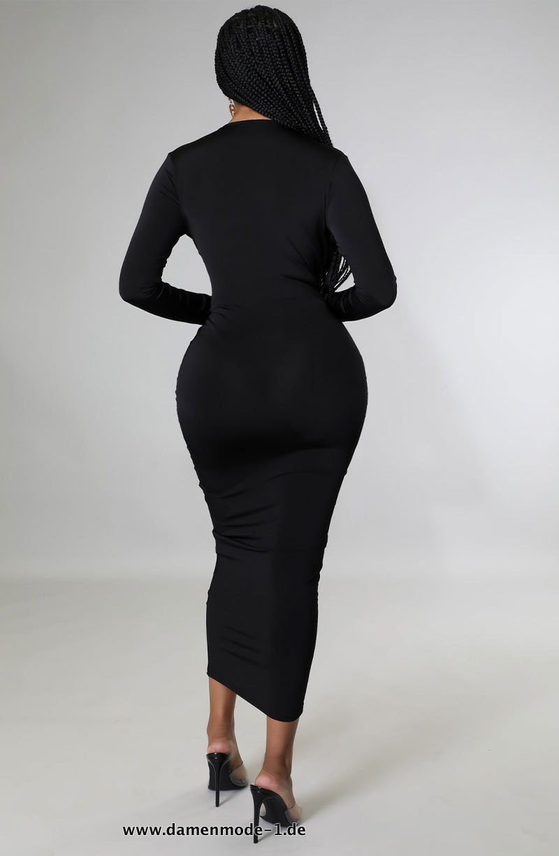 Damen Bodycon Kleid mit V-Ausschnitt und Geraffter Hohen Taille in Schwarz