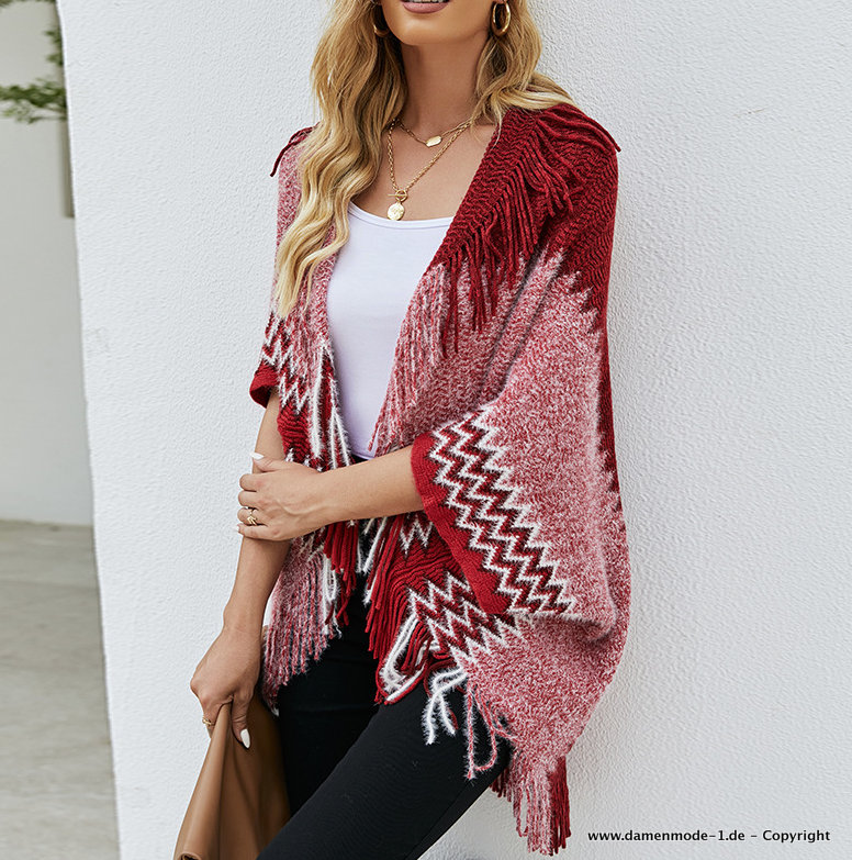 Damen Cardigan Cape Strickjacke mit Fransen in Rot