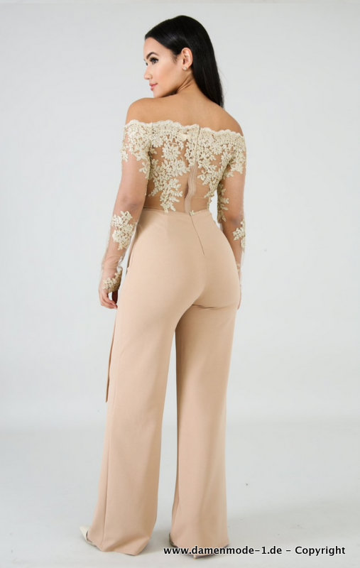 Damen Jumpsuit Einteiler Lang in Champagne Elegant mit Spitze