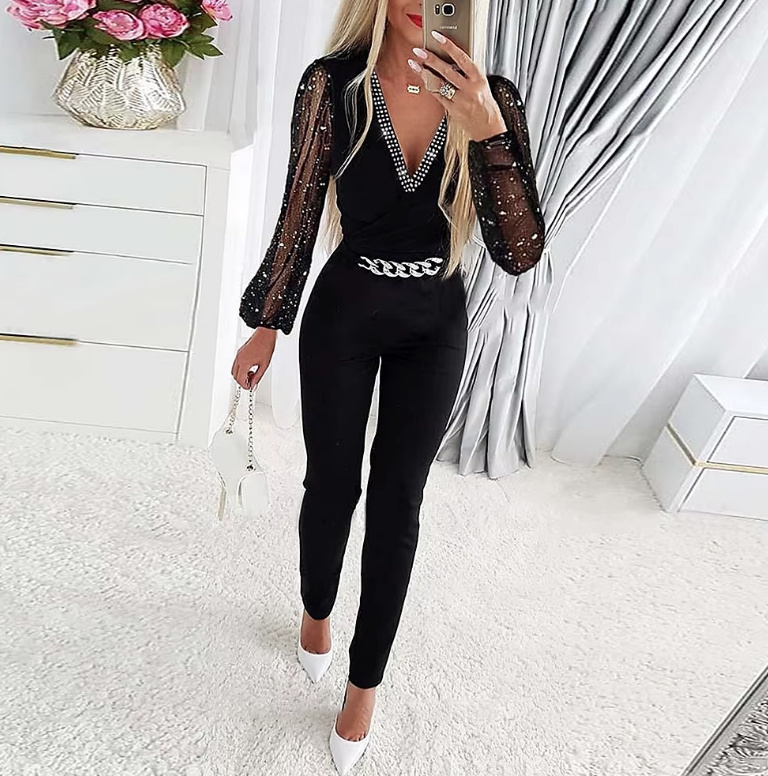 Damen Overall Jumpsuit mit Tüll Ärmel Elegant in Schwarz