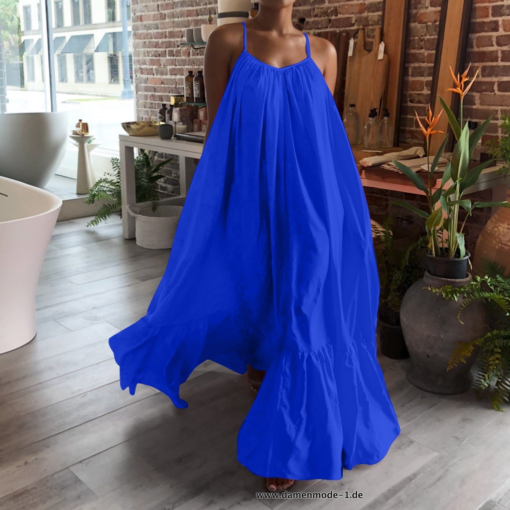 Damen Sommer Sexy Ärmelloses Rüschen Maxikleid Sommerkleid in Blau