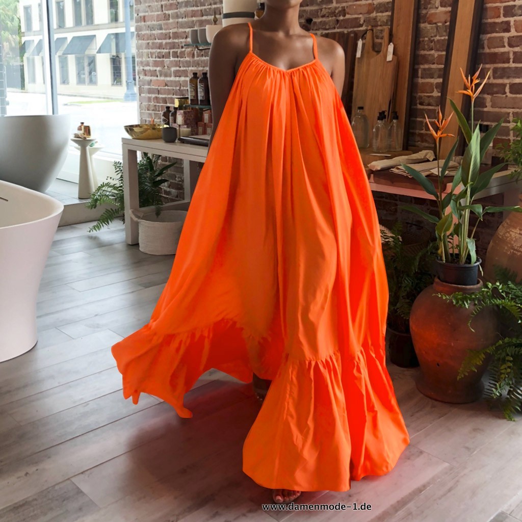 Damen Sommer Sexy Ärmelloses Rüschen Maxikleid Sommerkleid in Orange