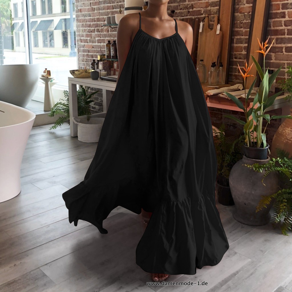 Damen Sommer Sexy Ärmelloses Rüschen Maxikleid Sommerkleid in Schwarz