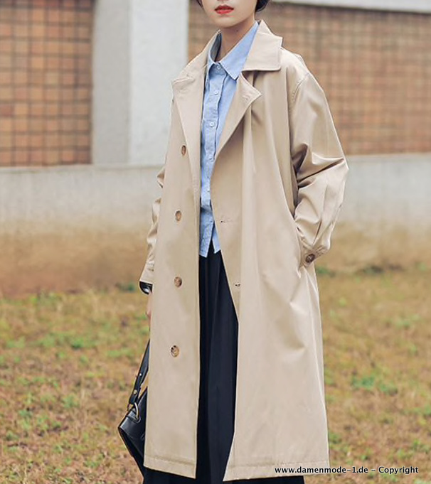 Damen Trenchcoat Klassisch mit Turndown Kragen in Beige