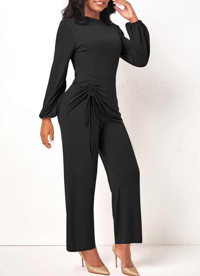 Eleganter Jumpsuit Einteiler Lang mit Laternen Ärmel in Schwarz