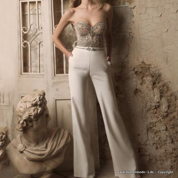 Eleganter Jumpsuit Einteiler Overall in Champagne mit Glitzer Herz Ausschnitt