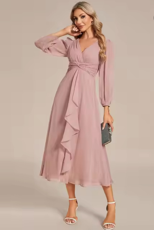 Elegantes A-Linie Chiffon Langarm Kleid Wadenlang in Rosa