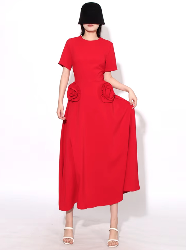 Elegantes A Linie Damen Kleid Wadenlang in Rot mit 3D Blumen