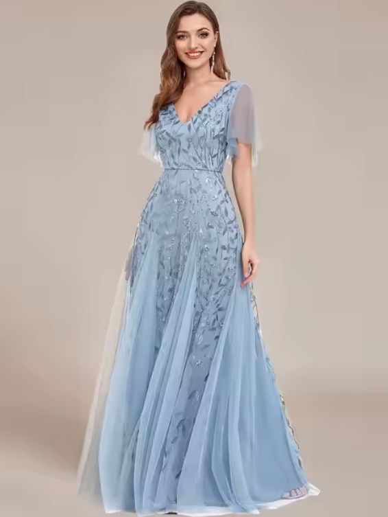 Elegantes A Linie Glitzer Kleid in Himmelblau mit Flare Ärmel Bodenlang