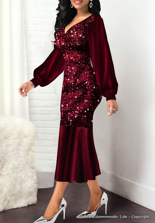 Elegantes Bleistift Glitzer Kleid mit Pailletten in Weinrot Wadenlang