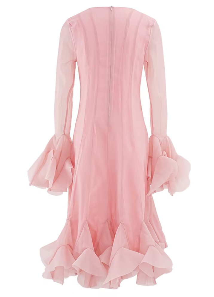 Elegantes Chiffon Maxi Kleid in Rosa mit Trompeten Ärmel