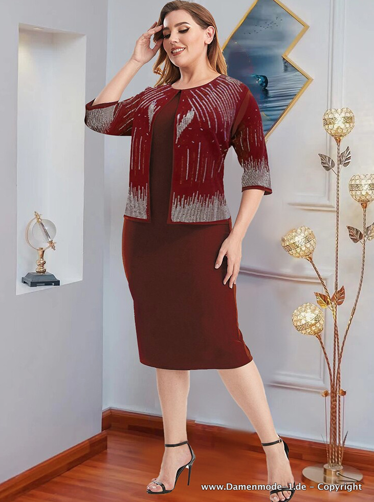 Elegantes Dreiviertelärmel Plus Size Kleid in Rot bis 5 XL mit Diamanten