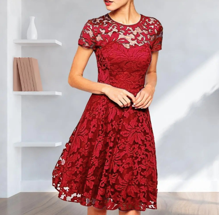 Elegantes Sommerkleid Knielang mit Spitze in Rot