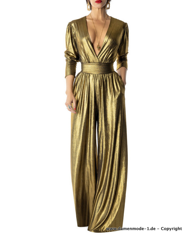 Glitzer Metallic Jumpsuit Einteiler Overall Lang in Gold mit Sexy V Ausschnitt