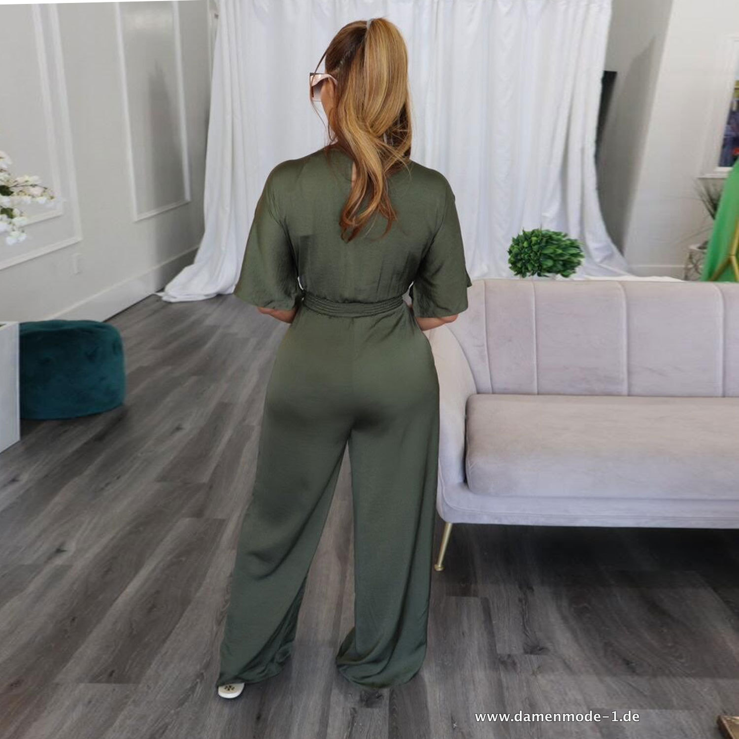 Halbarm Damen Jumpsuit mit V-Ausschnitt Einteiliges Set in Oliv