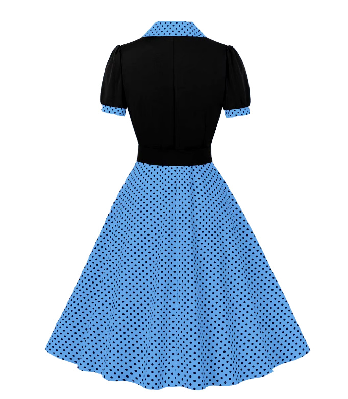 Kurzarm A Linie 50er Rockabilly Kleid Celes Knielang Blau Schwarz Gepunktet