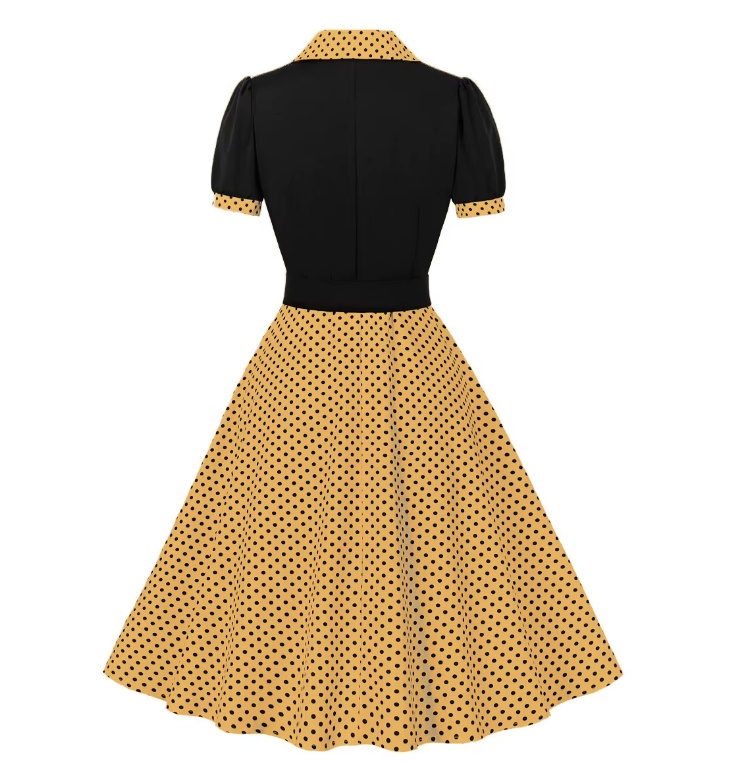 Kurzarm A Linie 50er Rockabilly Kleid Celes Knielang Gelb Schwarz Gepunktet