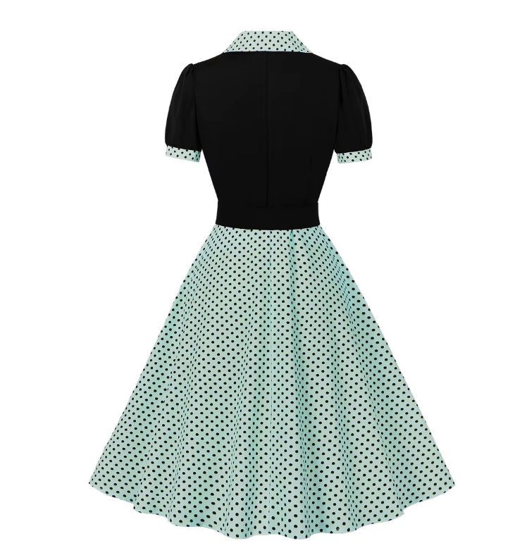 Kurzarm A Linie 50er Rockabilly Kleid Celes Knielang Hellgrün Schwarz Gepunktet