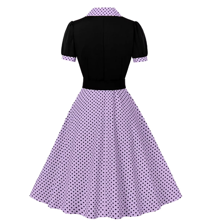 Kurzarm A Linie 50er Rockabilly Kleid Celes Knielang Lila Schwarz Gepunktet