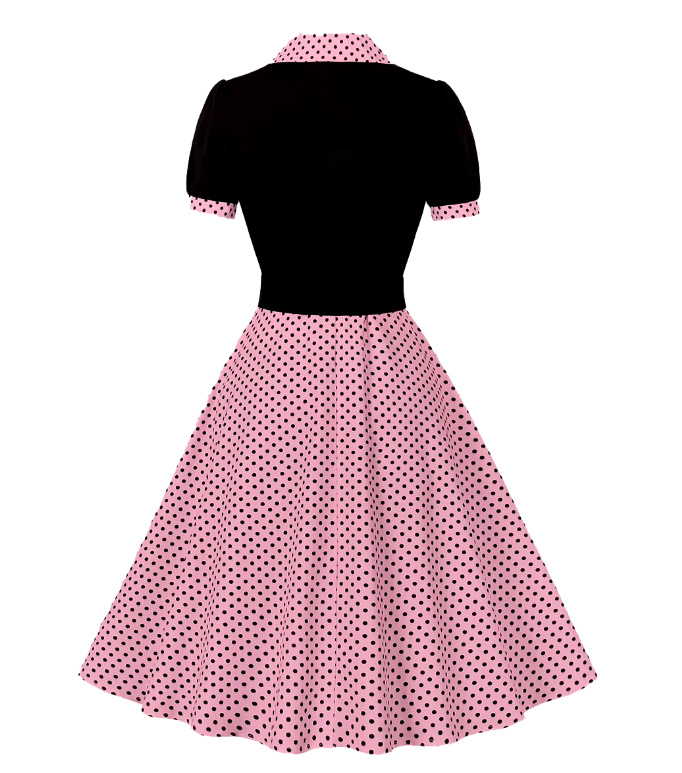 Kurzarm A Linie 50er Rockabilly Kleid Celes Knielang Rosa Schwarz Gepunktet