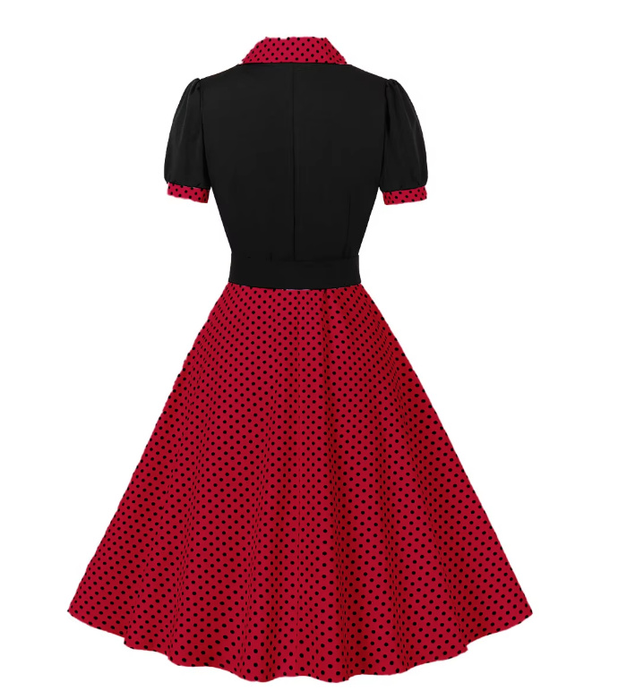 Kurzarm A Linie 50er Rockabilly Kleid Celes Knielang Rot Schwarz Gepunktet