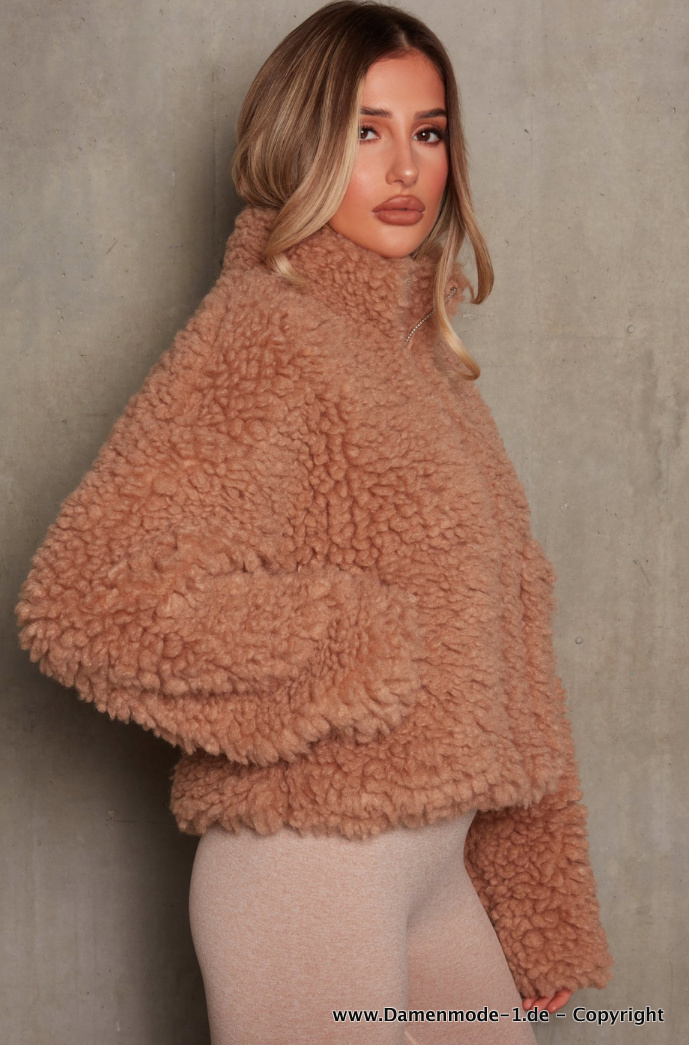 Kurze Plüsch Teddy Jacke Warm in Braun