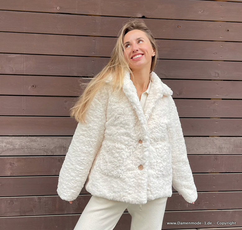 Kurze Plüsch Winter Jacke für Damen in Weiß