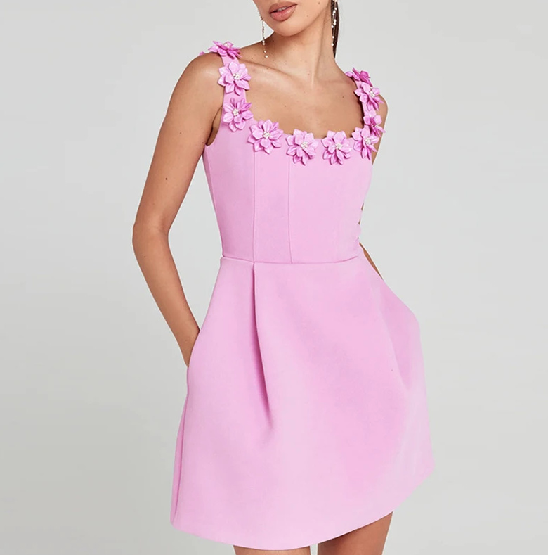 Kurzes A Linie Kleid Elegant in Rosa mit 3D Blumen