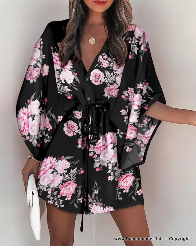 Kurzes Sommer Tunika Kleid Schwarz mit Blumen