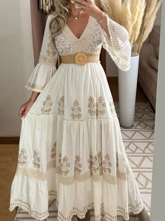 Langarm Boho Maxi Kleid in Beige Creme mit Blumen Muster