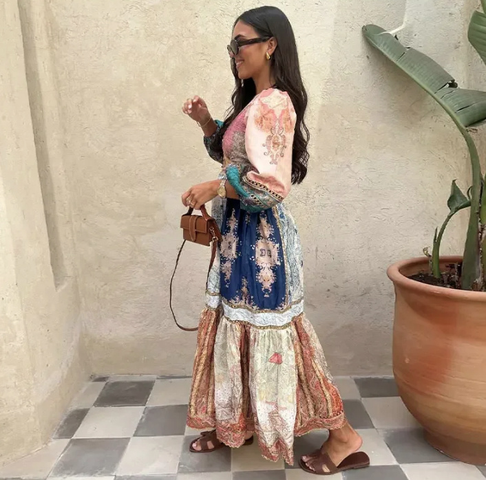 Langarm Boho Sommerkleid Aaliyah Bunt Knöchellang