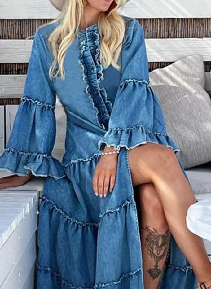 Langarm Boho Style Jeans Kleid Lang in Hellblau