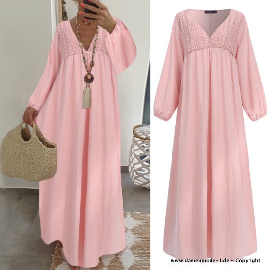 Langarm Chiffon Sommerkleid in Rosa