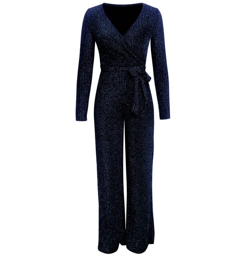 Langarm Glitzer Stretch Jumpsuit Einteiler Elegant in Dunkelblau