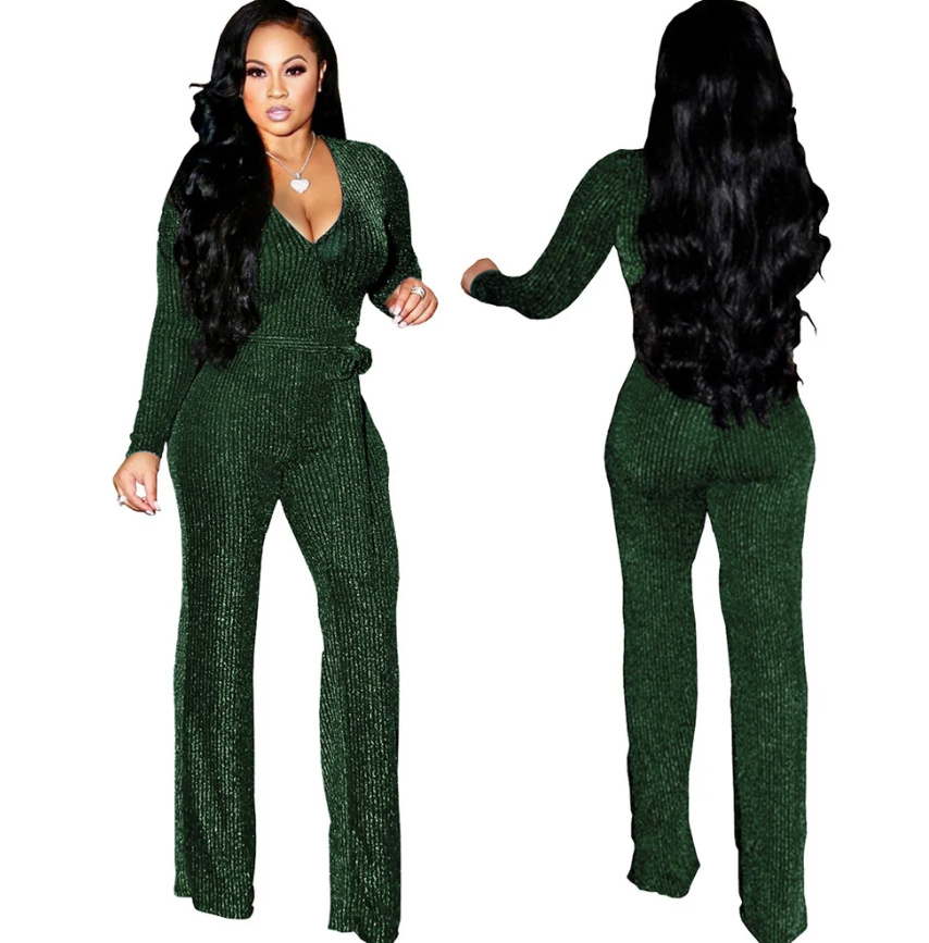 Langarm Glitzer Stretch Jumpsuit Einteiler Elegant in Grün