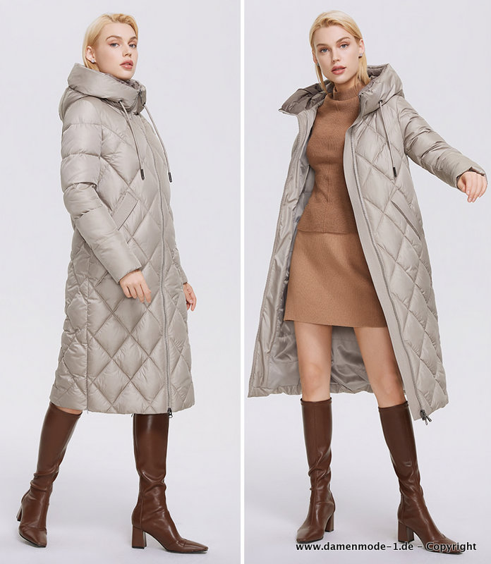 Lange Steppjacke Damen Winter Parka mit Kapuze in Beige