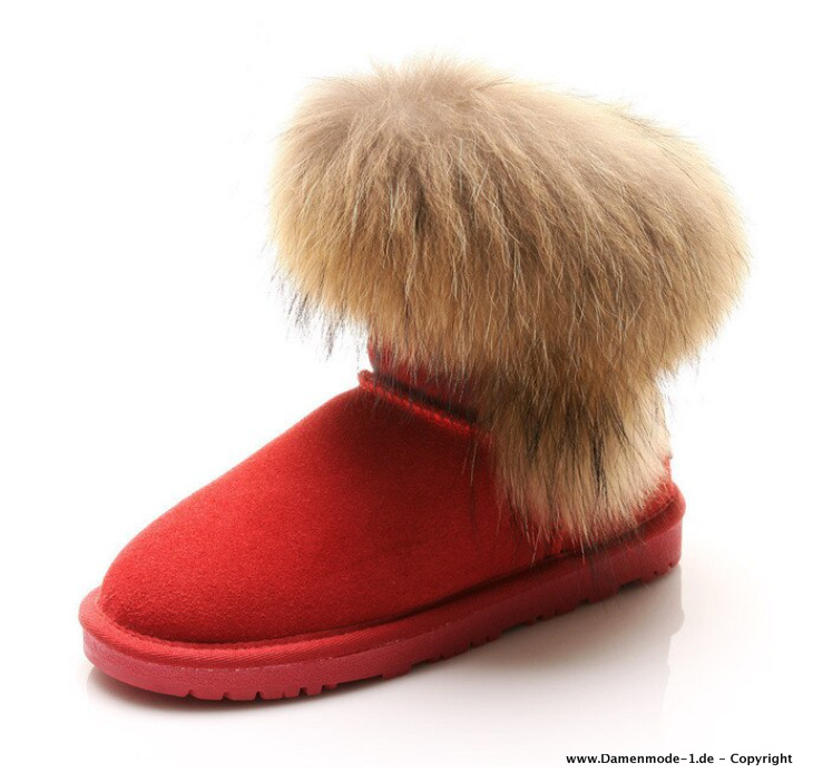 Leder Winter Kurz Stiefel in Rot mit Kunstpelzkragen